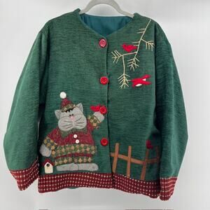 VTG Winter Christmas Button Jacket Womens M/L Mouse Cardinal Green Cottagecore